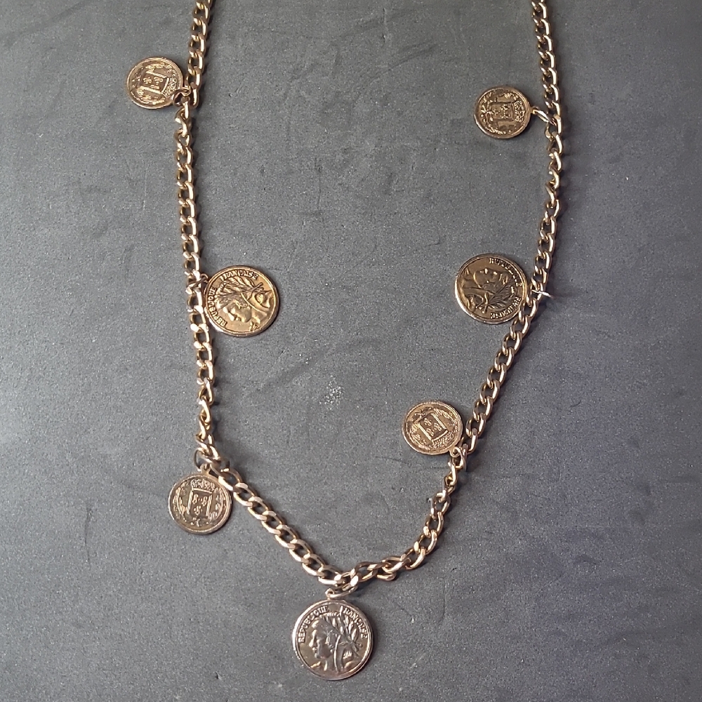 Republique Francaise Gold Copper Toned Coin Medalluon Chain Necklace Or Belt